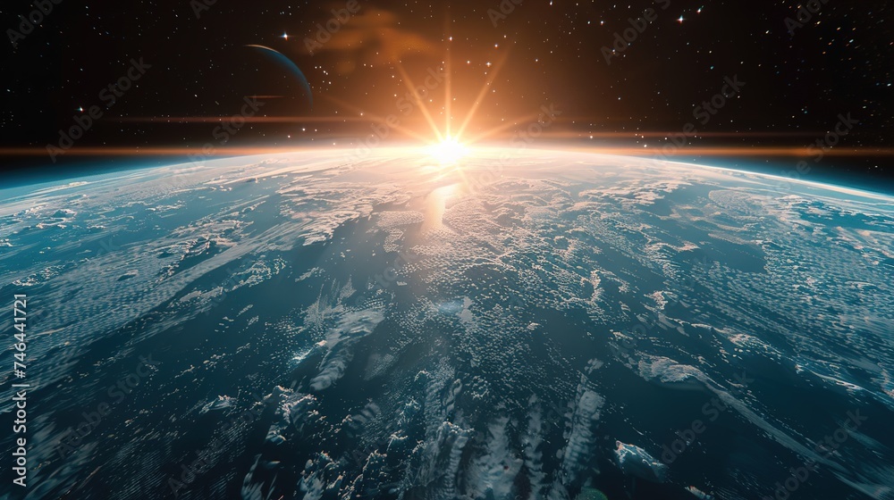 Sunrise over Earth as seen from space, casting a radiant glow over the planet's atmosphere
