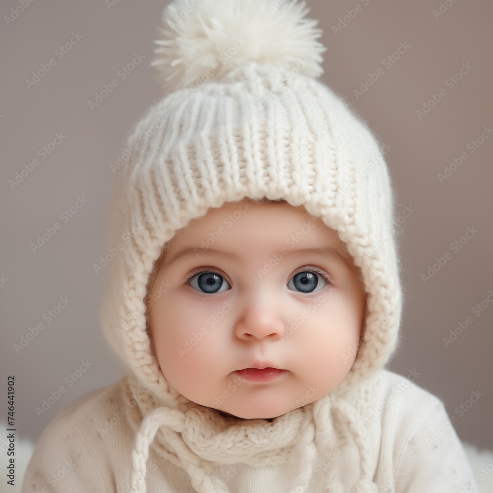 baby wearing white knitted hat looking at camera with blue eyes baby wearing white knitted hat looking at camera with blue eyes