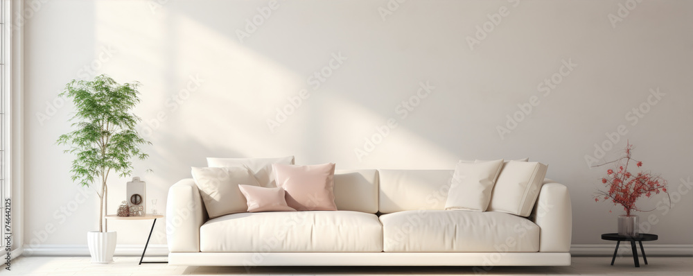 Modern living room interior with bright creamy sofa, white wall background - obrazy, fototapety, plakaty 