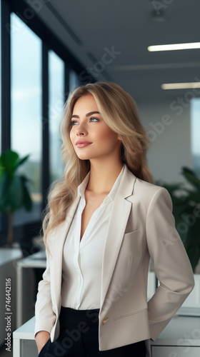 Portrait of young beautiful business woman standing in the modern office. Proud woman standing near window.