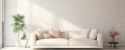 Modern living room interior with bright creamy sofa, white wall background photo