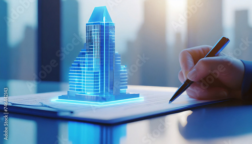 concept holo blue 3d render miniature model maquette of small skyscraper building on table in real estate agency. signing mortgage contract document demonstrating. futuristic business. photo