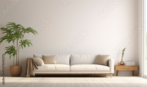 Modern living room interior with bright creamy sofa, white wall background © Filip