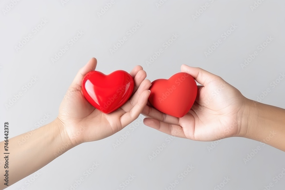 Close-up of two hands exchanging glossy red hearts against a neutral background. Two Hands Exchanging Red Hearts