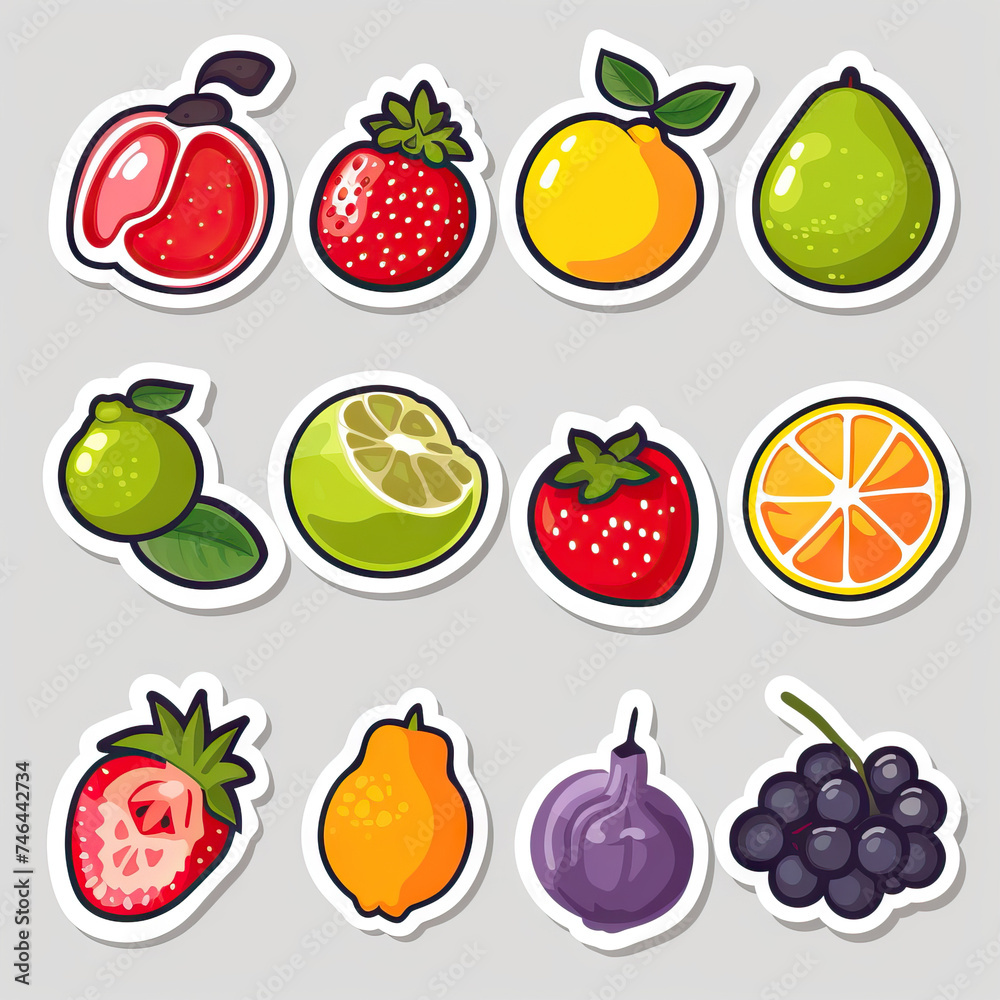 Sour Fruits. Sticker Collection. Multiple. Vector Icon Illustration. Icon Concept Isolated Premium Vector.