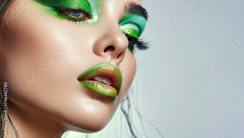 A beautiful girl with fashionable green makeup. The face of a young girl in close-up with green makeup. Stylish makeup.