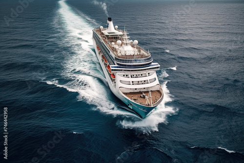 Luxury white cruise ship liner sails on sea