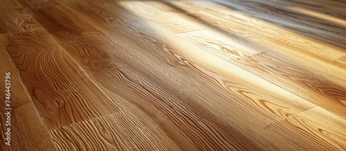 Close up of a beautiful hardwood floor with sunlight shining through the brown wood plank pattern, showcasing the rich wood stain and varnish finish.