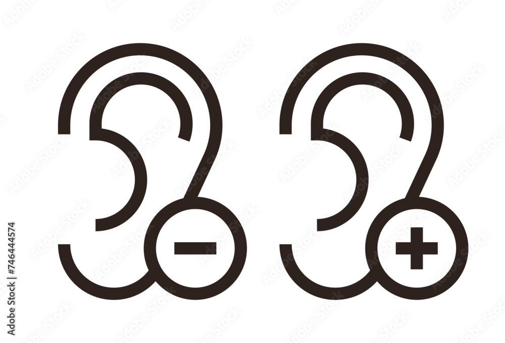 Ear with plus and minus symbol. Image of more or less volume Ear with plus and minus symbol. Image of more or less volume