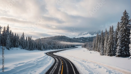a road in the middle of a snow covered forest, snowy italian road, road, alpine © Arman