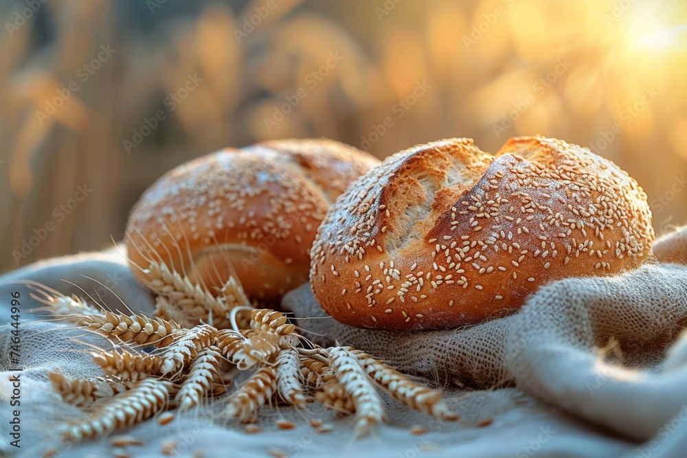 Hot fragrant, homemade wheat bread with ears of wheat, selective focus Hot fragrant, homemade wheat bread with ears of wheat, selective focus