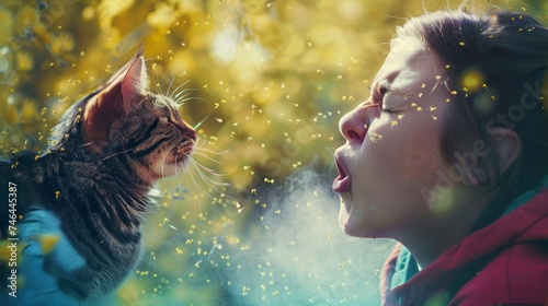 Allergic Reaction - An individual sneezing and rubbing their eyes, surrounded by pollen or a cat, indicating allergies. 
