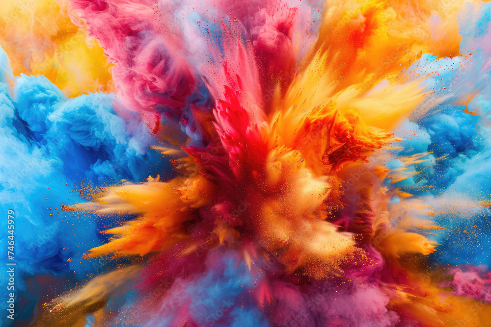 Abstract background, colorful powder explosions on dark background in red, yellow, blue, purple, orange colors