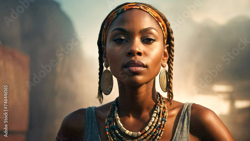 Tranquil African woman adorned with ethnic jewelry in natural light