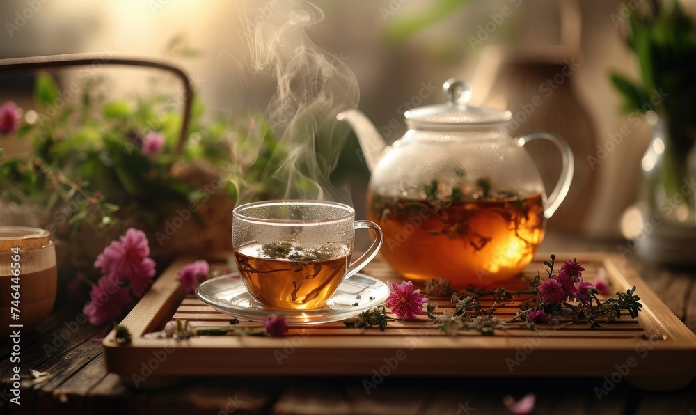 Cup of hot tea and wild flowers Cup of hot tea and wild flowers