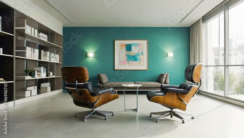 A sophisticated office space featuring a teal accent wall, sleek lounge chairs, and a tasteful art piece