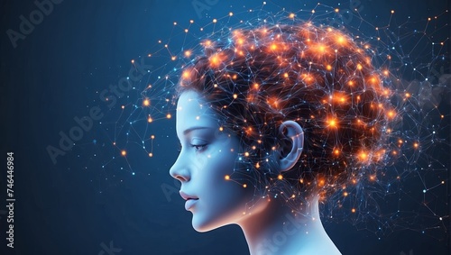 Digital illustration of a woman's profile with a network of neural connections