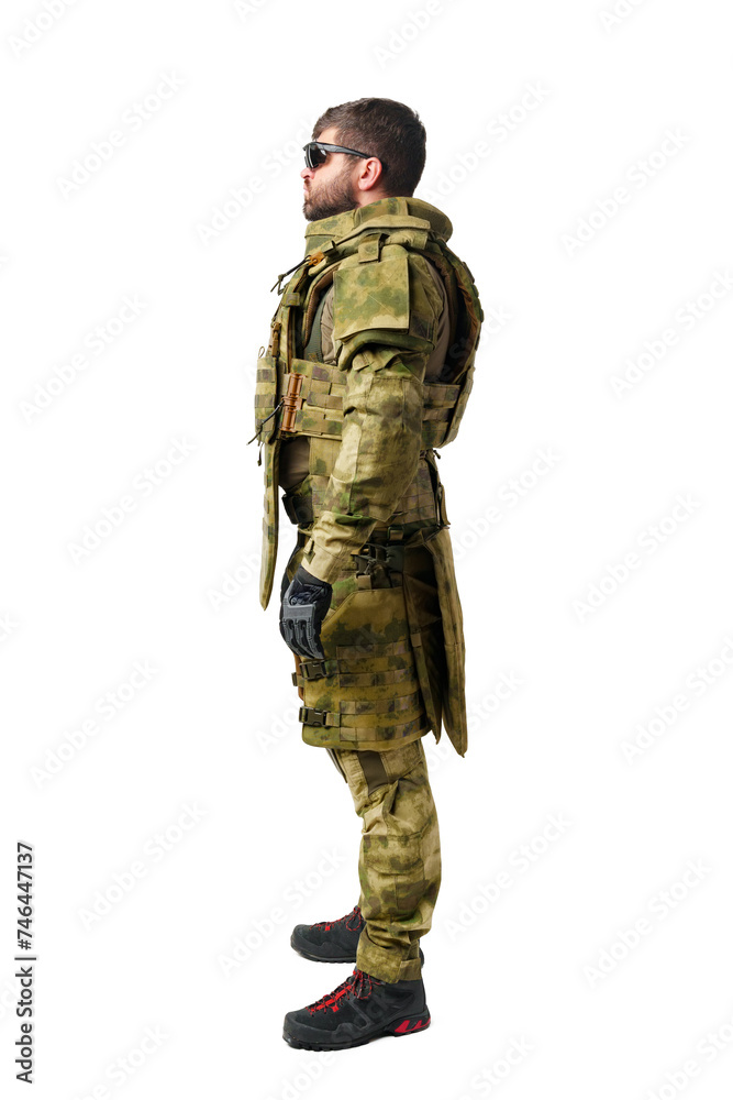Male soldier in military ammunition isolated on white background Male soldier in military ammunition isolated on white background
