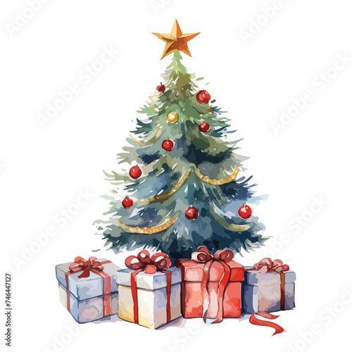 Watercolor Christmas Gift with christas tree Clipart