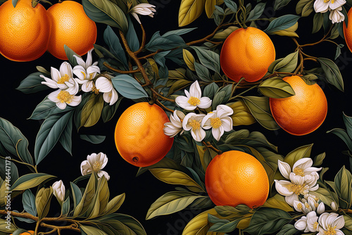 seamless pattern with orange tangerines on tree branches with green leaves and flowers