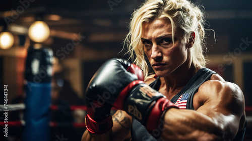 Blonde and muscular man rock balboa boxing with gloves in police clothes. Real photography

 photo