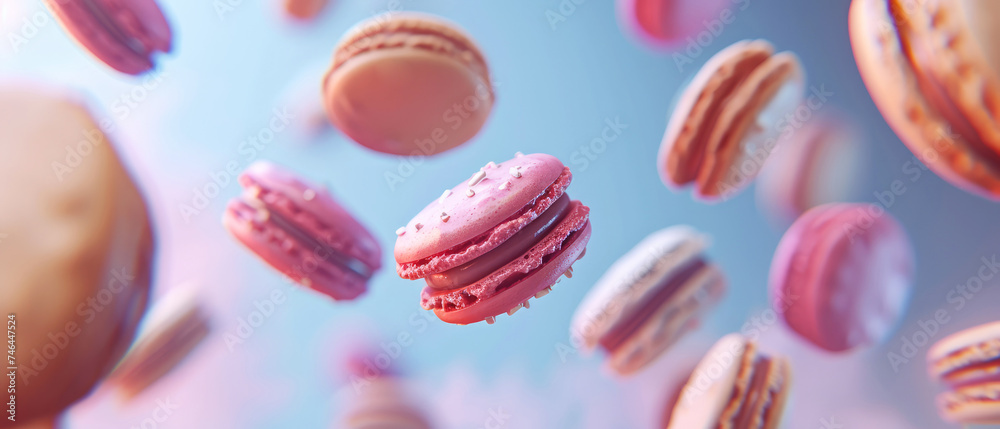 Flying macaroons on the air. Macaroon Dessert. Sweets, pastry cookies. Mockup for coffee shop. ads, banner, template. Generative ai Flying macaroons on the air. Macaroon Dessert. Sweets, pastry cookies. Mockup for coffee shop. ads, banner, template. Generative ai