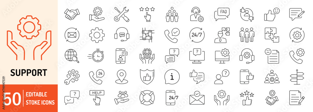 Support editable stroke outline icons set. Support, help, response, assist, technical, communication, faq and information. Vector illustration - obrazy, fototapety, plakaty 
