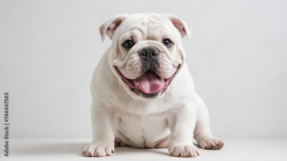 Fototapeta premium Portrait of White english bulldog on grey background