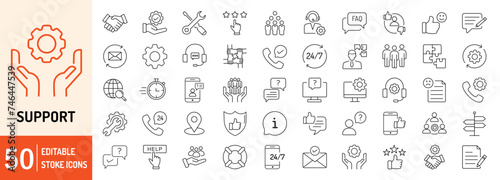 Support editable stroke outline icons set. Support, help, response, assist, technical, communication, faq and information. Vector illustration