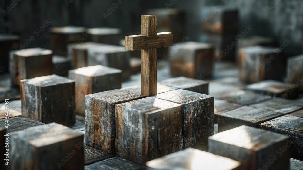 Dramatic shadows cast by a wooden cross on abstract wooden blocks, artistic contrast Dramatic shadows cast by a wooden cross on abstract wooden blocks, artistic contrast