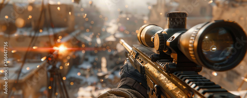 Close-up action of a first-person shooter game, enemy in the crosshair, tension-filled moment photo