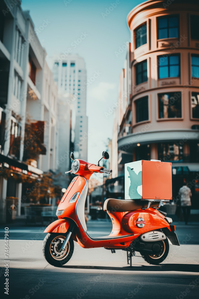Vertical shot of a delivery scooter parked, courier box in focus, tall buildings soft in the background