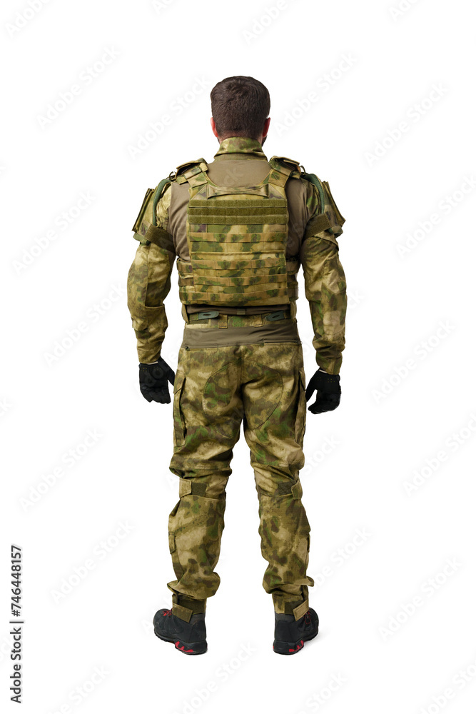 Back view of male soldier in military uniform isolated on white background Back view of male soldier in military uniform isolated on white background