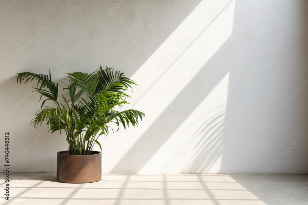 Empty room houseplants. Flowerpot on wood floor near white wall. Shadow of tropical leaves. Terracotta pot Empty room houseplants. Flowerpot on wood floor near white wall. Shadow of tropical leaves. Terracotta pot