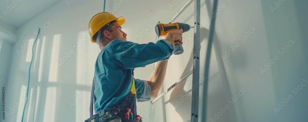 Worker with helmet drilling a hold into white wall in apartment Worker with helmet drilling a hold into white wall in apartment
