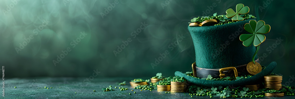 St. Patrick's Day banner with leprechaun hat, clover leaves and gold coins on green background with copy space - obrazy, fototapety, plakaty 