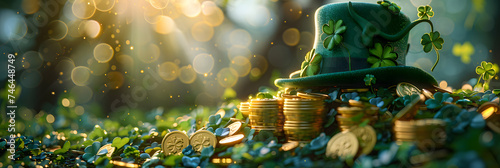 St. Patrick's Day banner with clover leaves and leprechaun hat, gold coins on green background. photo