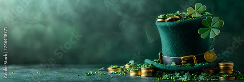 St. Patrick's Day banner with leprechaun hat, clover leaves and gold coins on green background with copy space