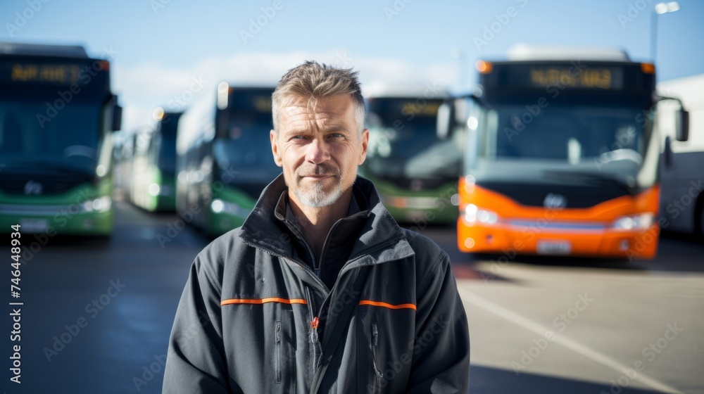 Experienced long-haul bus driver in 40s at highway rest stop portrait Experienced long-haul bus driver in 40s at highway rest stop portrait