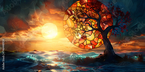 Painting of a tree with a sun in the background  Fantasy tree of life illustration background 