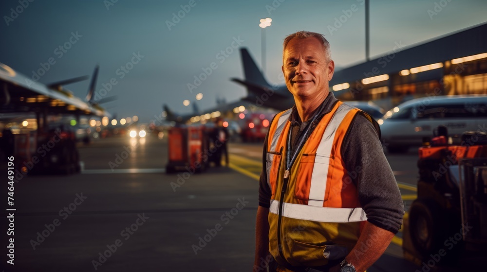 Pilot coordinating ground operations at busy airport portrait