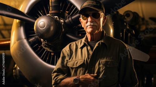 Portrait of senior pilot in 60s wearing aviator sunglasses beside vintage propeller plane photo