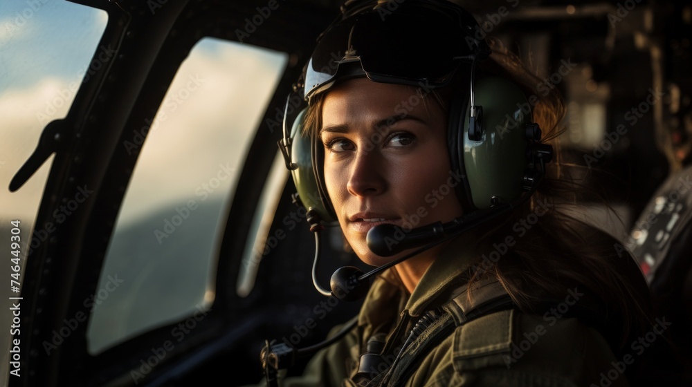 Determined pilot in her early 30s artfully maneuvering helicopter during search and rescue mission close-up Determined pilot in her early 30s artfully maneuvering helicopter during search and rescue mission close-up
