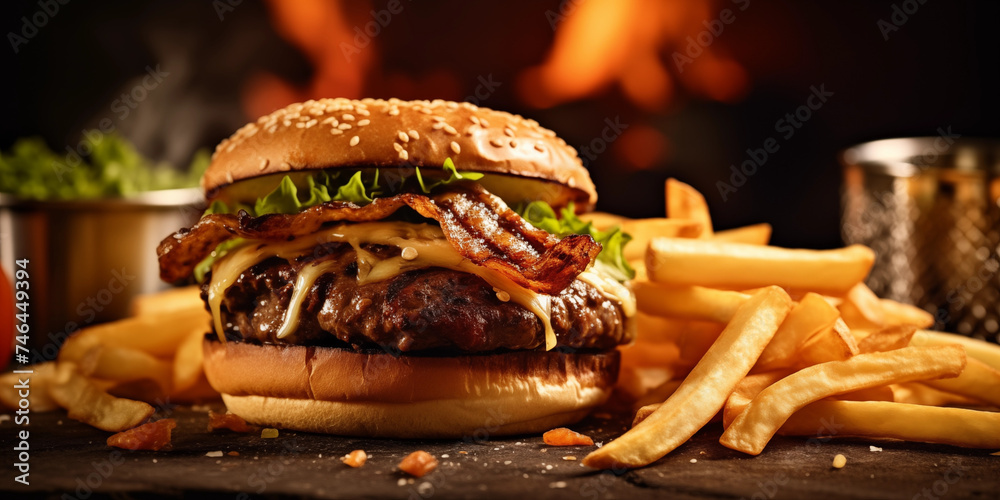A plate of freshly grilled burger - obrazy, fototapety, plakaty 