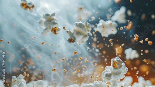 Popcorn flies into a camera, hitting and crushing into vividly colored, small pieces with a shallow depth of field.