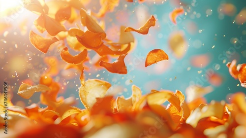 Potato chips fly at a camera. They hit and are crushed into small, vividly colored pieces, showcased in shallow depth of field.