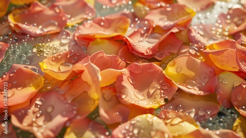 Rose petals pattern crowded with water drops. Photorealistic. Fine exposure on a sunny day.