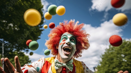 Clown juggles brightly colored balls in sunny park