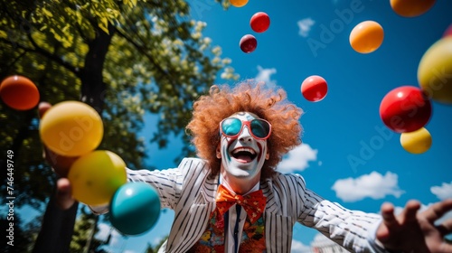 Clown juggles colored balls in sunny park