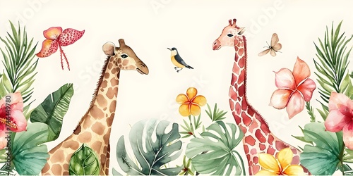 Fototapeta Naklejka Na Ścianę i Meble -  Handdrawn vintage tropical pattern featuring animals and flora in delicate watercolors seamless background. Concept Watercolor Painting, Vintage Style, Tropical Theme, Seamless Pattern